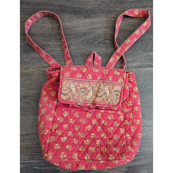 Maggi B Vintage Quilted Cotton Red Paisley Travel Back Pack Excellent Condition - Picture 1 of 7